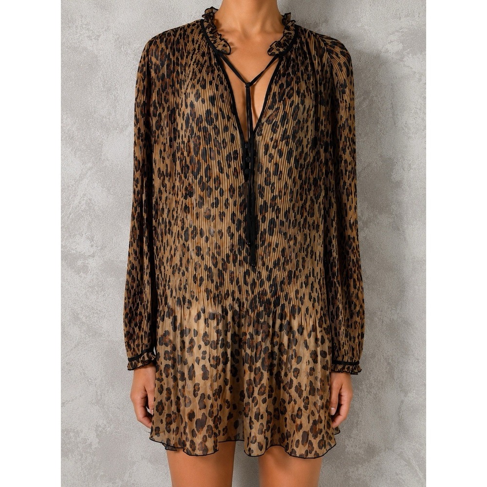 Veronica Beard Luvie Mini Dress Womens 0 Brown Leopard Print Pleated Ruffle